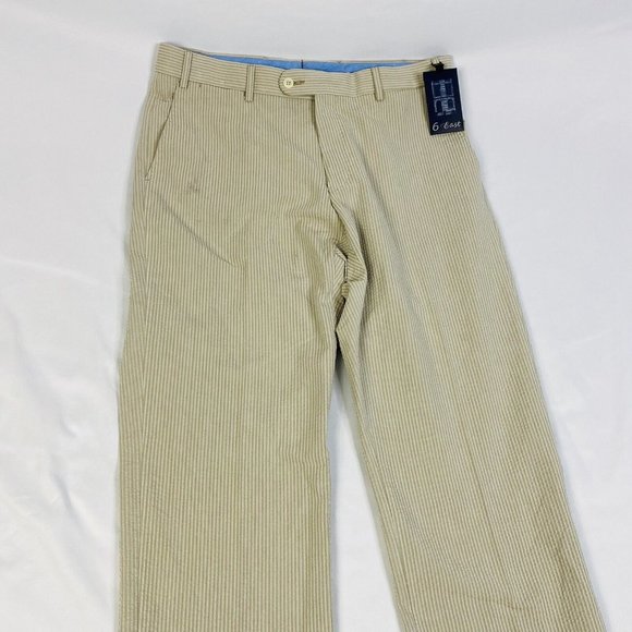 NWT 6 East Beige w/ Tan Stripe Seersucker Ctn Unfinished Flat Front Pants 34X38 - Picture 2 of 10